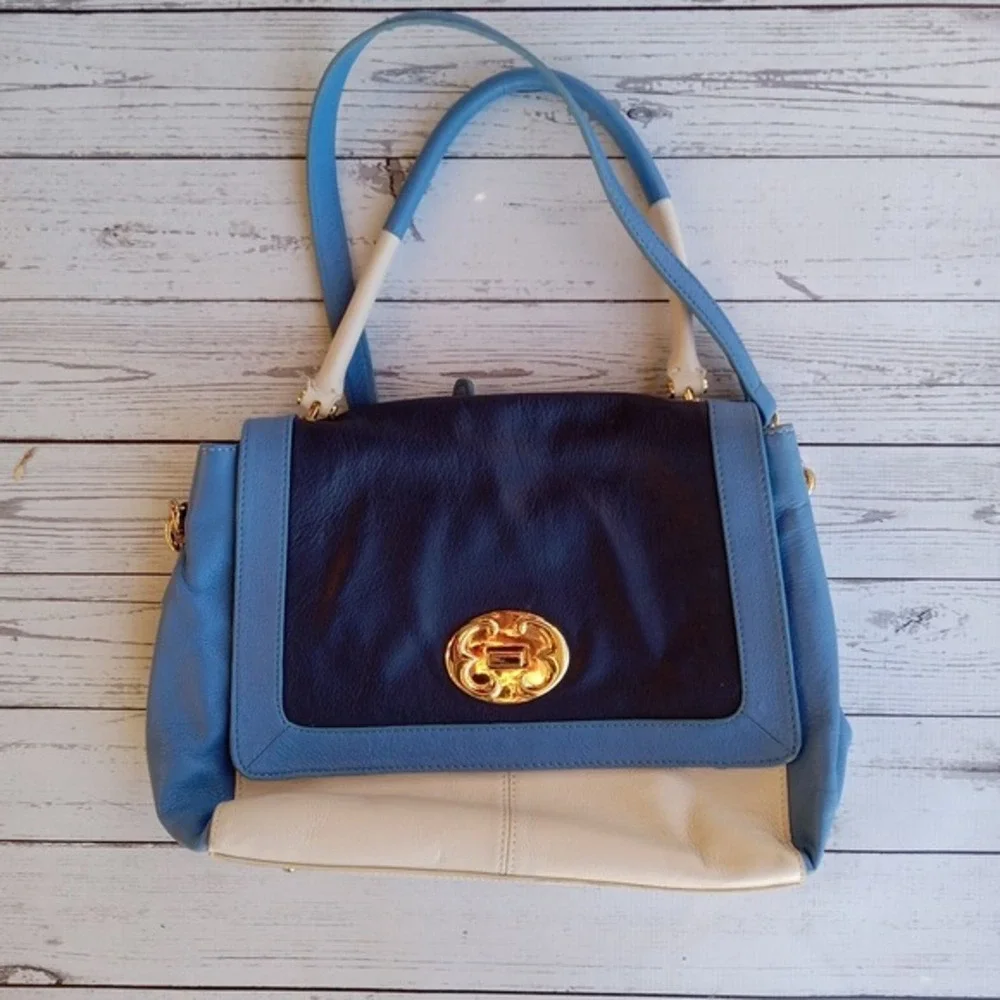 Emma Fox‎ Leather Satchel Shoulder Bag Colorblock Fox Logo Luxury Chic Crossbody